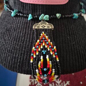 Southwestern Seed Bead Hat Band – Faux Turquoise & Black Beads